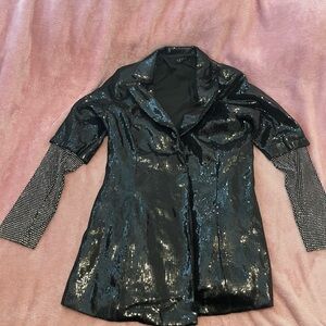AKIRA Black Sequin Blazer with Patterned Sleeves